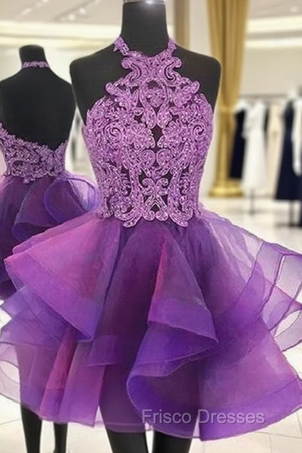 A-line Halter Sleeveless Organza Short/Mini Homecoming Dress With Appliqued Beading Lace