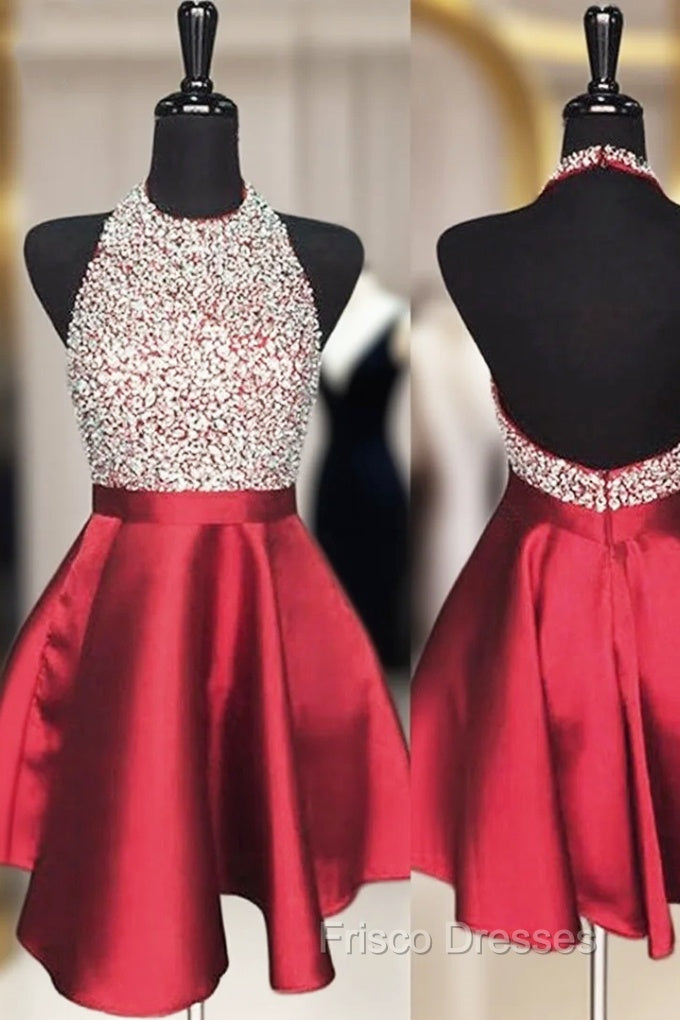 A-line Halter Sleeveless Satin Short/Mini Homecoming Dress With Beading Sequins Main image