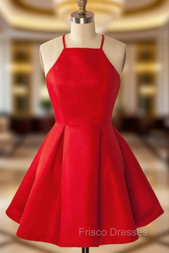A-Line Halter Sleeveless Short Red Satin Homecoming Dress Main image