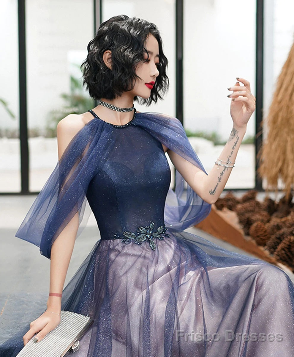 A-Line Halter Tulle Floor Length Prom Dress, Blue Long Party Dresses Secondary image