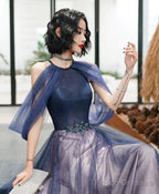A-Line Halter Tulle Floor Length Prom Dress, Blue Long Party Dresses