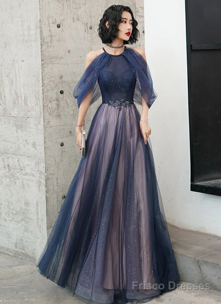 A-Line Halter Tulle Floor Length Prom Dress, Blue Long Party Dresses Main image