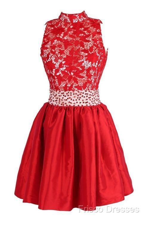 A-Line High Neck Knee Length Satin Homecoming Dress With Lace Secondary image