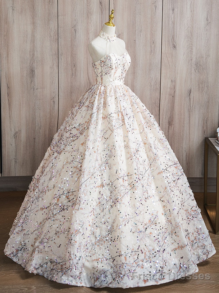 A-Line High Neck Lace Champagne Long Prom Dress, Champagne Long Formal Dress Secondary image