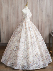 A-Line High Neck Lace Champagne Long Prom Dress, Champagne Long Formal Dress