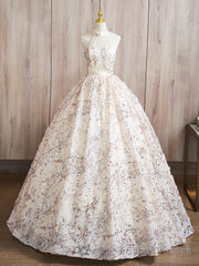 A-Line High Neck Lace Champagne Long Prom Dress, Champagne Long Formal Dress