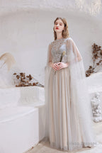 A Line High Neck Sleeveless Beading Tulle Floor Length Prom Dresses