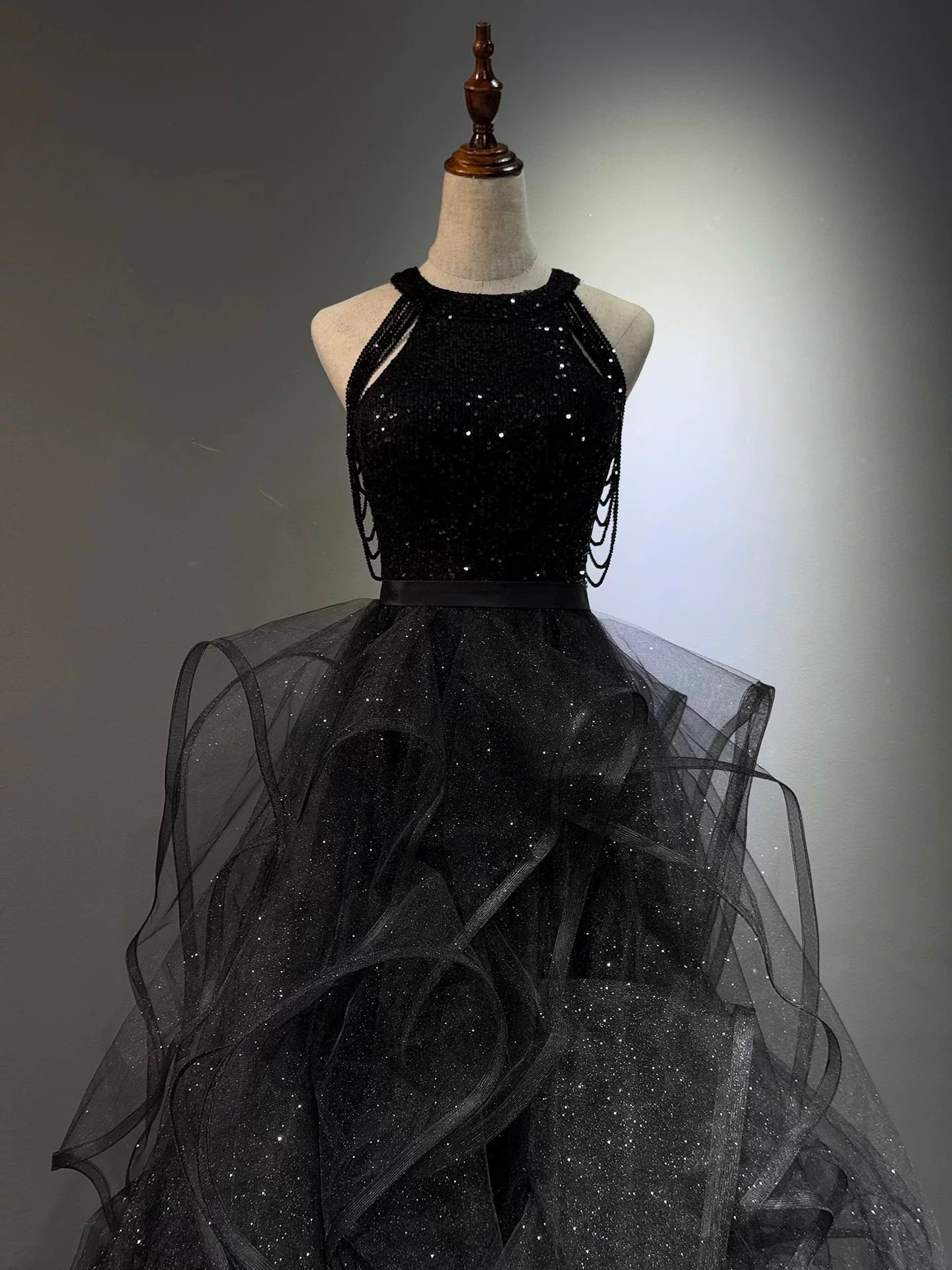 A-Line High Neck Tulle Ball Gown Sequin Black Prom Dress With Beads
