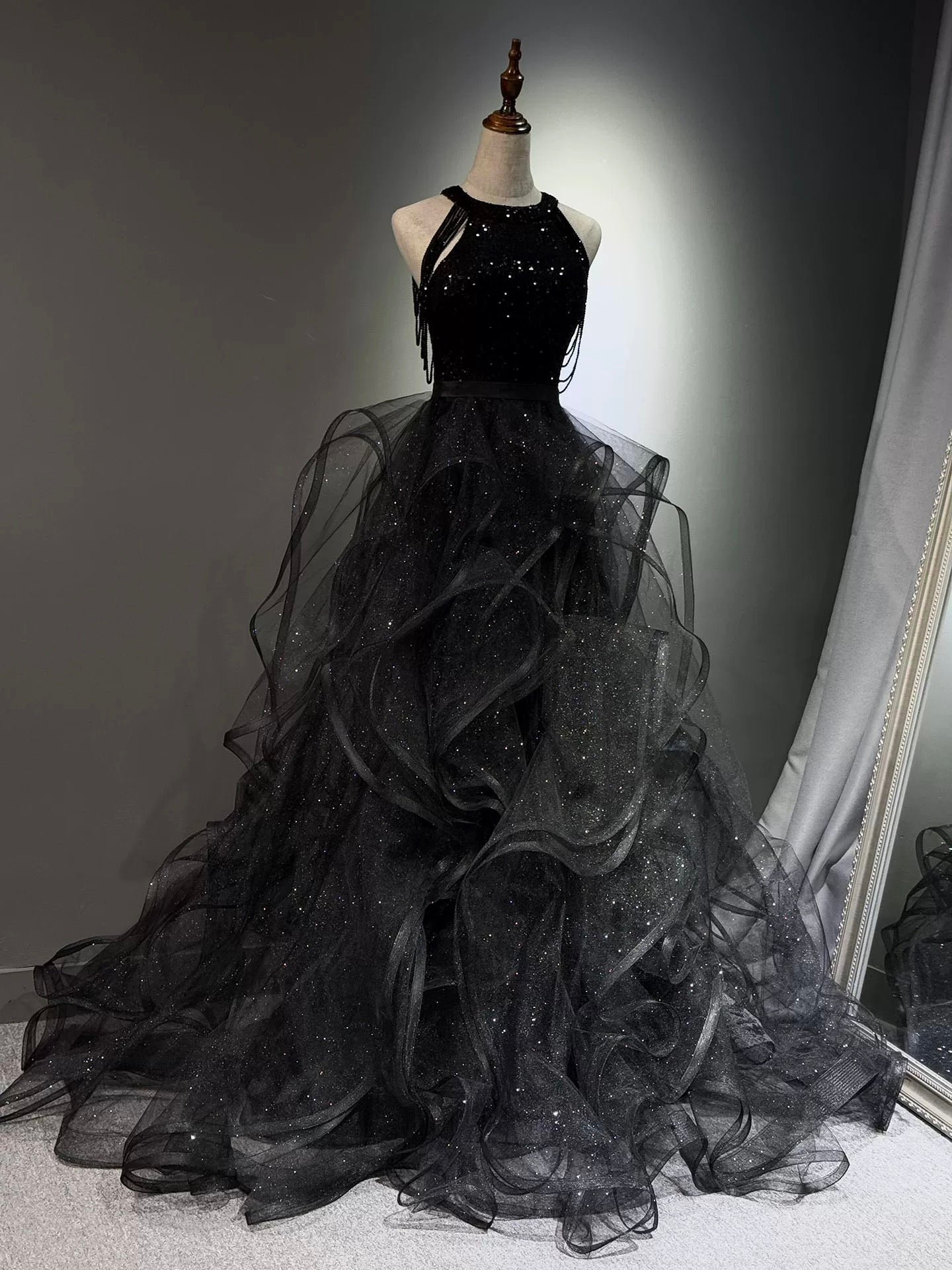 A-Line High Neck Tulle Ball Gown Sequin Black Prom Dress With Beads Main image