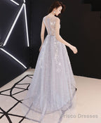 A Line Hight Low Lace Prom Dresses, Gray Tulle Homecoming Dresses