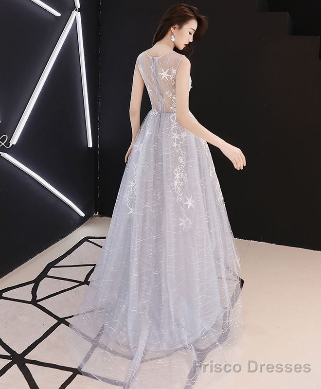 A Line Hight Low Lace Prom Dresses, Gray Tulle Homecoming Dresses