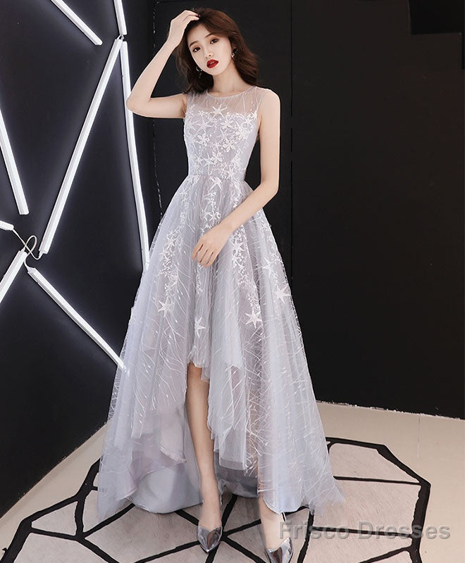 A Line Hight Low Lace Prom Dresses, Gray Tulle Homecoming Dresses