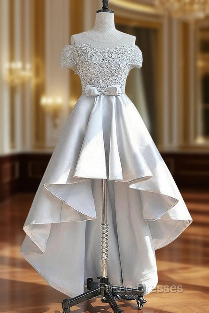 A-line Illusion Neck Short Sleeve Satin Asymmetrical Homecoming Dress With Appliqued Waistband Main image