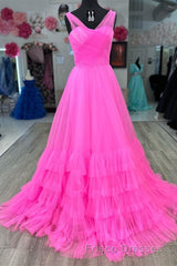 A line Illusion V Neck Layers Tulle Formal Prom Dress