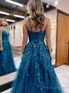 A Line Ink Blue Glitter Tulle Lace Prom Dress