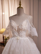 A-line Ivory Beaded Tulle Long Wedding Party Dress, Ivory Tulle Floor Length Formal Prom Dress