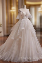 A-line Ivory Beaded Tulle Long Wedding Party Dress, Ivory Tulle Floor Length Formal Prom Dress