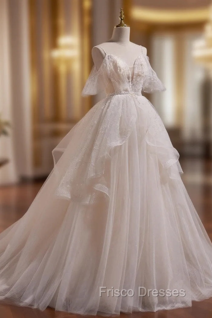 A-line Ivory Beaded Tulle Long Wedding Party Dress, Ivory Tulle Floor Length Formal Prom Dress