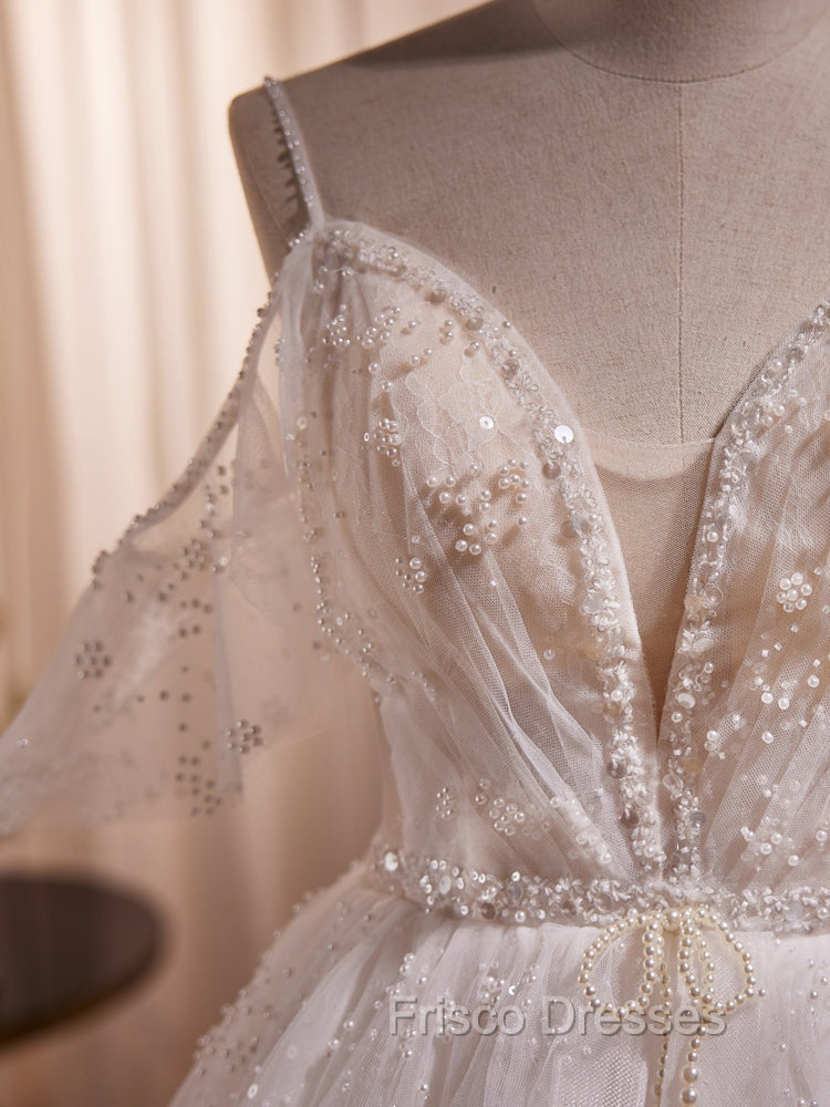 A-line Ivory Beaded Tulle Long Wedding Party Dress, Ivory Tulle Floor Length Formal Prom Dress