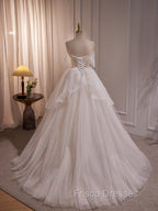 A-line Ivory Beaded Tulle Long Wedding Party Dress, Ivory Tulle Floor Length Formal Prom Dress