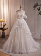 A-line Ivory Beaded Tulle Long Wedding Party Dress, Ivory Tulle Floor Length Formal Prom Dress