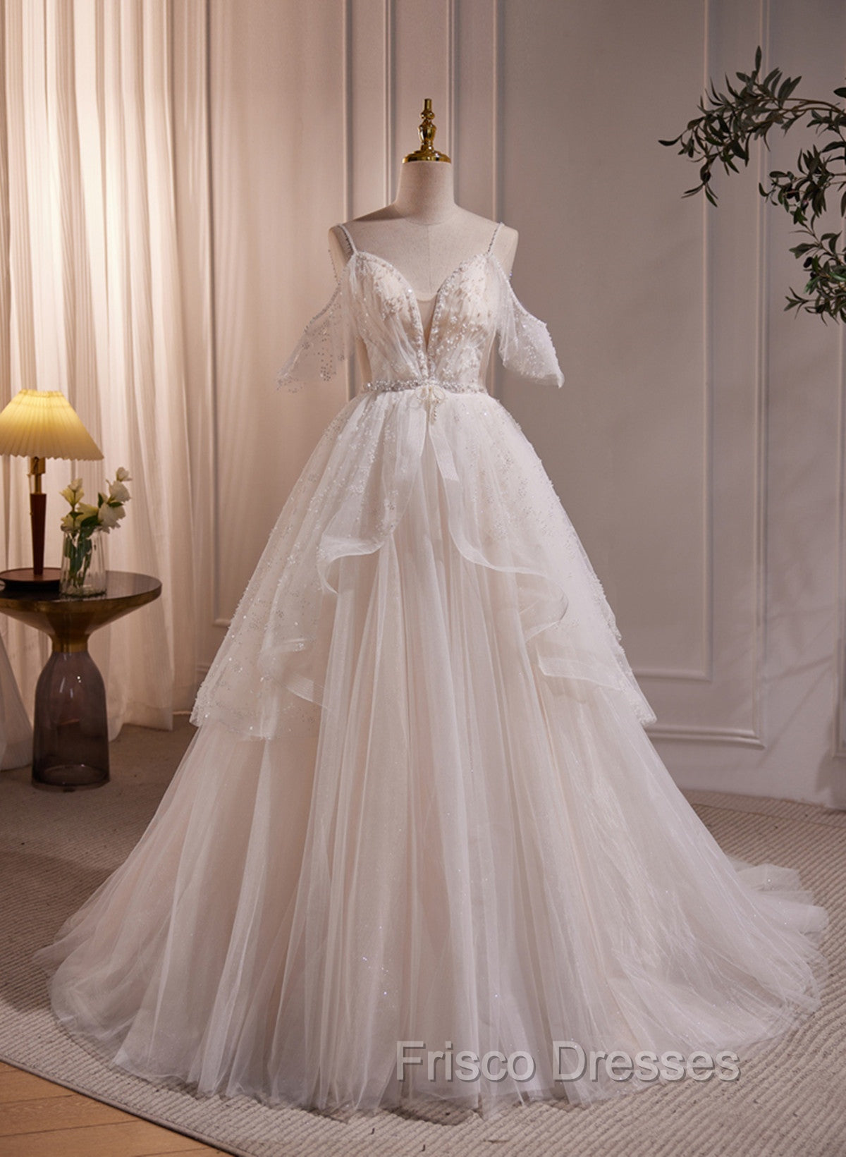 A-line Ivory Beaded Tulle Long Wedding Party Dress, Ivory Tulle Floor Length Formal Prom Dress