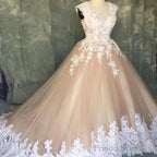 A Line Ivory Lace Cap Sleeves Tulle Champagne Wedding Dresses