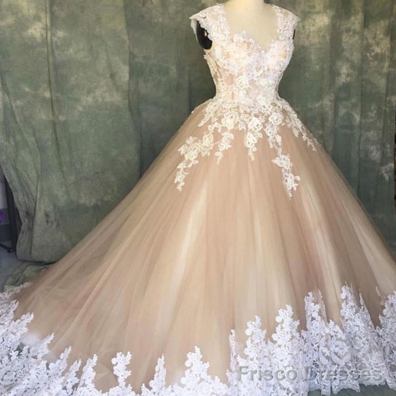 A Line Ivory Lace Cap Sleeves Tulle Champagne Wedding Dresses