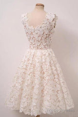 A-Line Ivory Lace Homecoming Dresses Square Neck Short Prom Dress