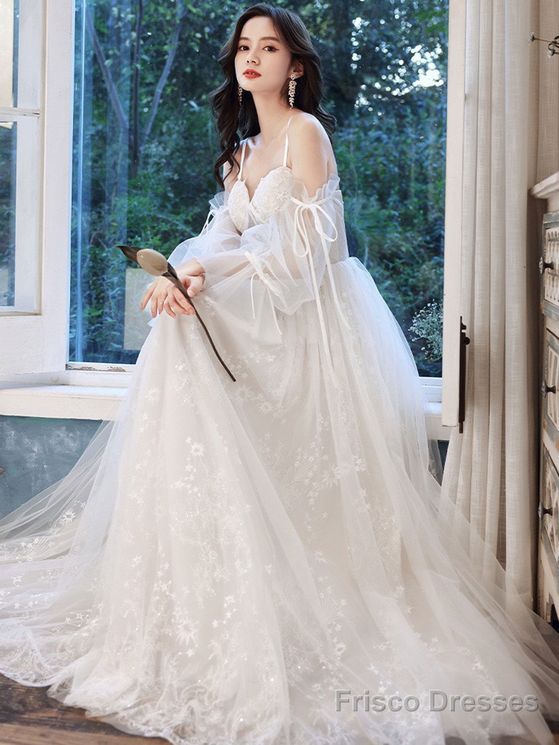 A Line Ivory Tulle Lace Long Prom Dress, Lace Evening Dress Secondary image