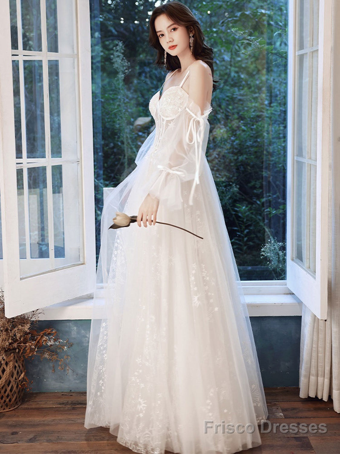 A Line Ivory Tulle Lace Long Prom Dress, Lace Evening Dress