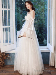 A Line Ivory Tulle Lace Long Prom Dress, Lace Evening Dress