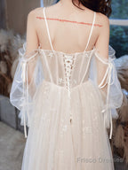 A Line Ivory Tulle Lace Long Prom Dress, Lace Evening Dress
