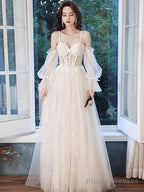 A Line Ivory Tulle Lace Long Prom Dress, Lace Evening Dress