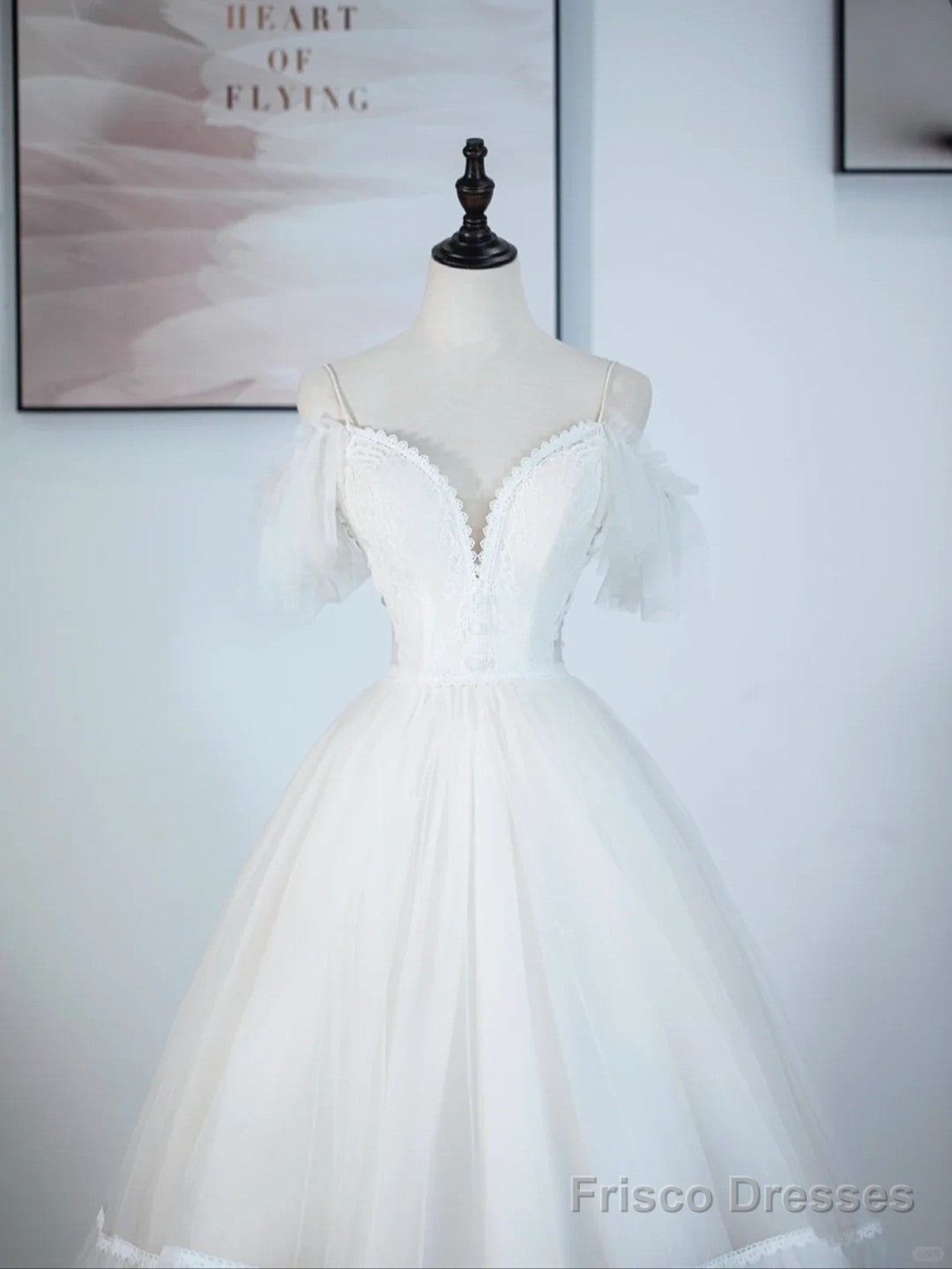 A-Line Ivory Tulle V-Neckline Straps Off Shoulder Party Dress, A-Line Tulle Eveing Dress Secondary image
