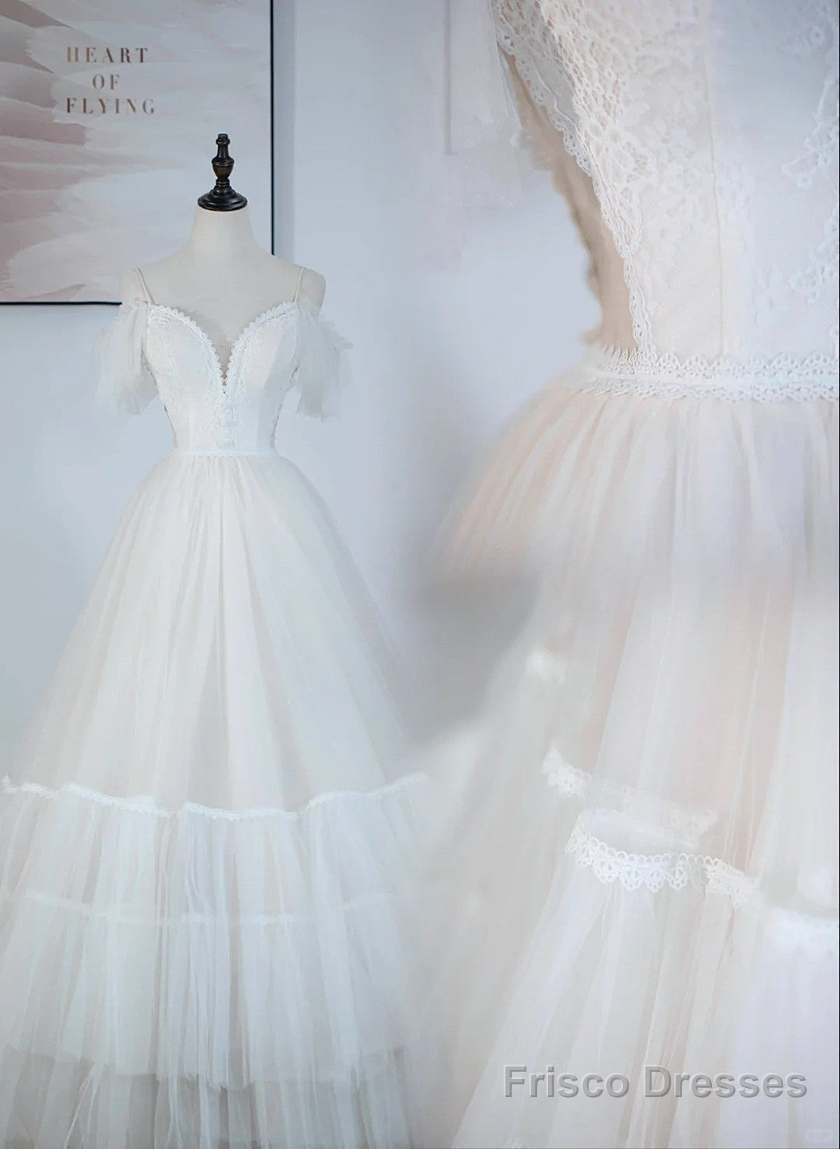 A-Line Ivory Tulle V-Neckline Straps Off Shoulder Party Dress, A-Line Tulle Eveing Dress