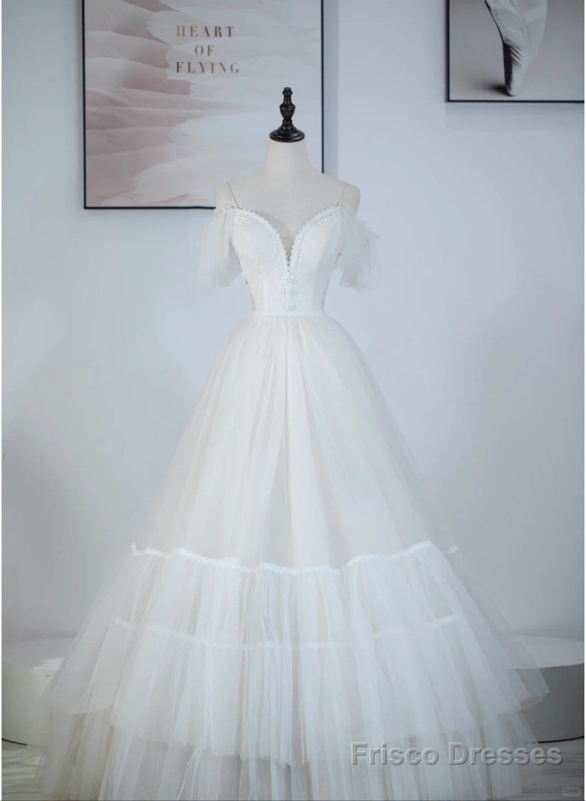 A-Line Ivory Tulle V-Neckline Straps Off Shoulder Party Dress, A-Line Tulle Eveing Dress Main image