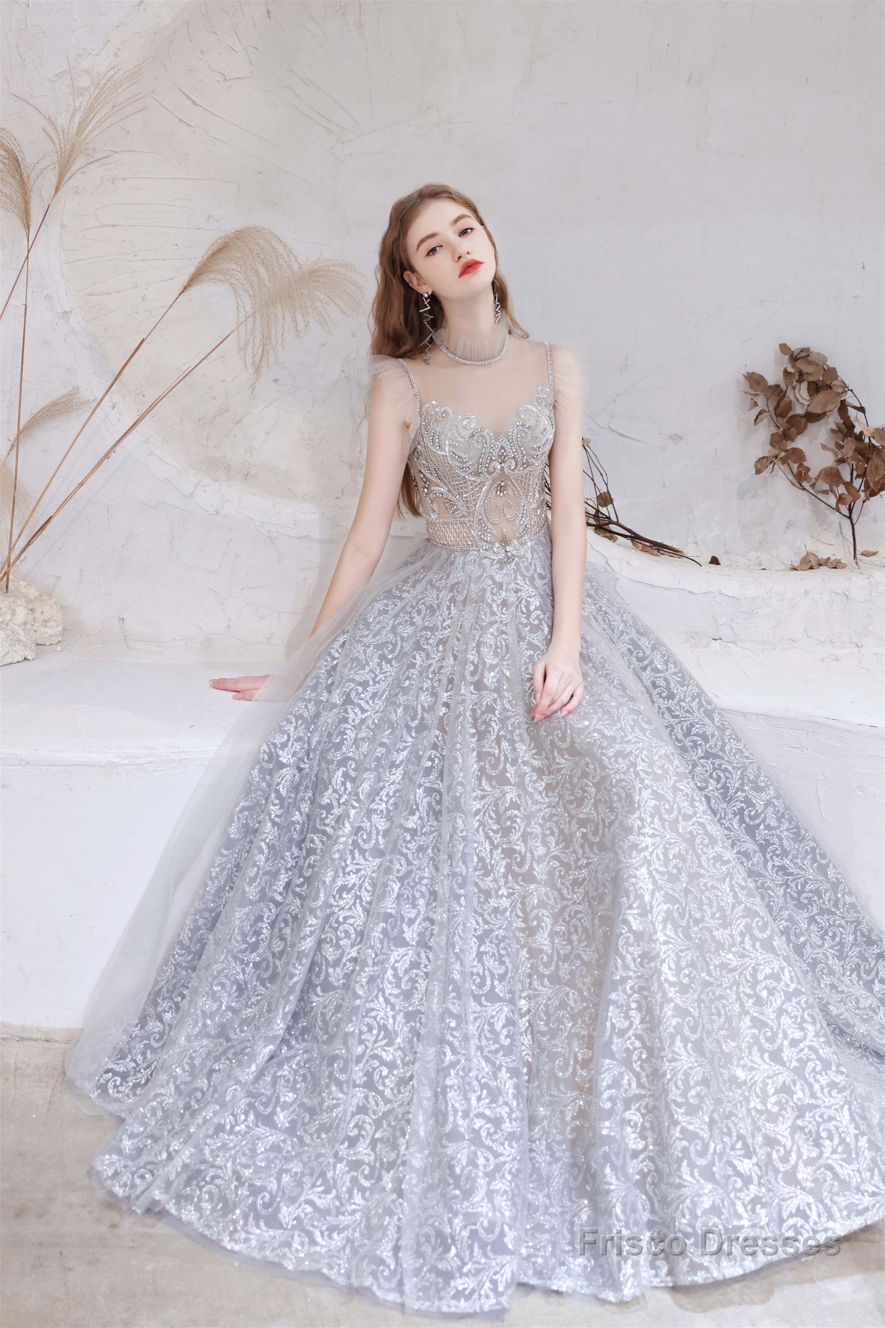 A Line Jewel Neck Floor Length Sleeveless Zipper Prom Dresses