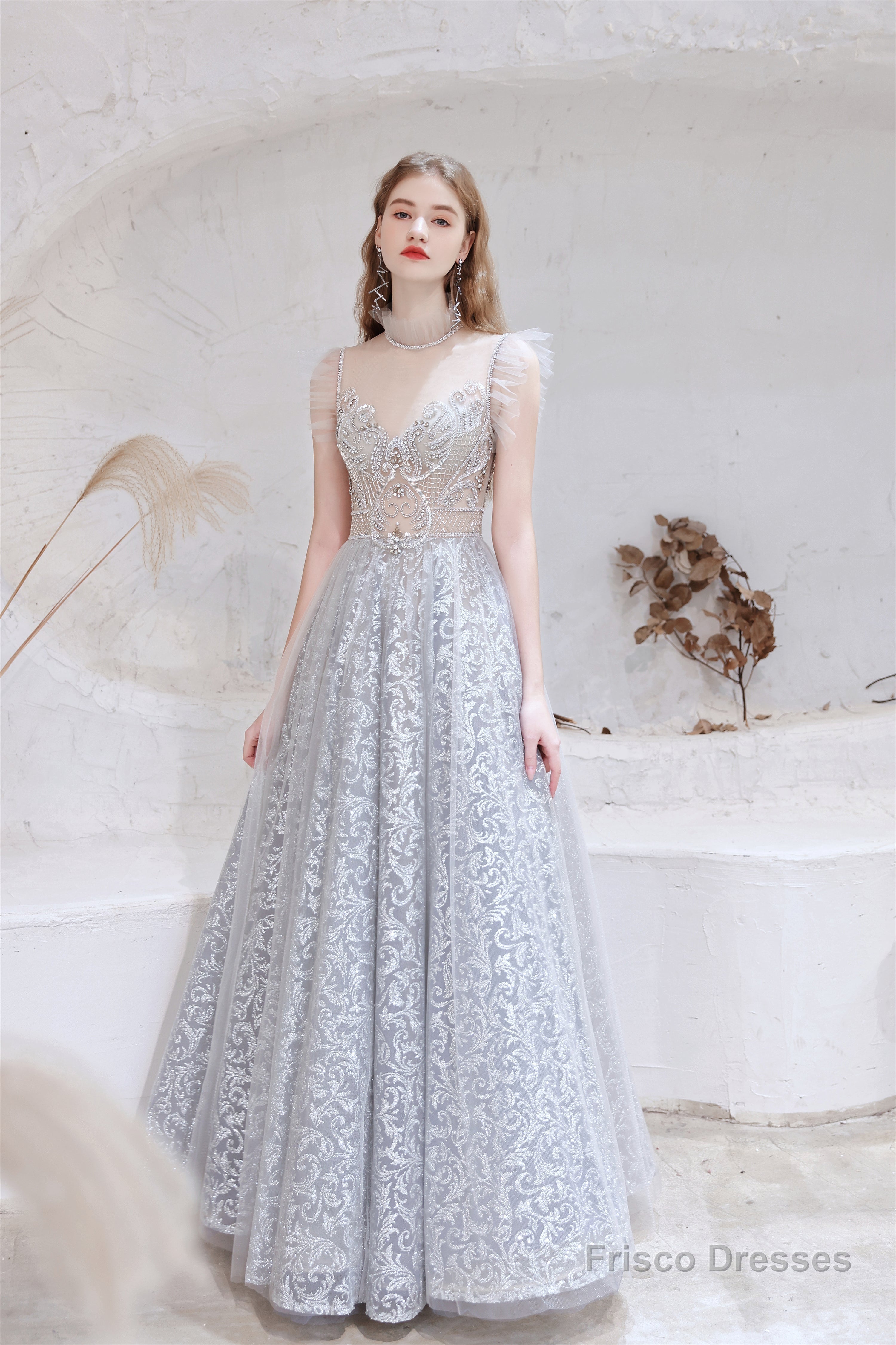 A Line Jewel Neck Floor Length Sleeveless Zipper Prom Dresses Main image