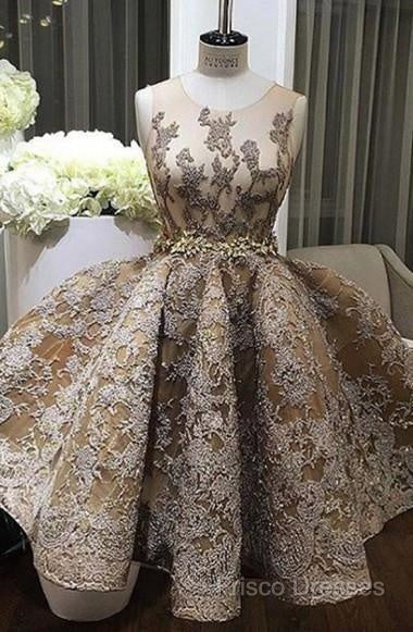 A-Line Jewel Sleeveless Short Formal Prom Dress With Lace Appliques