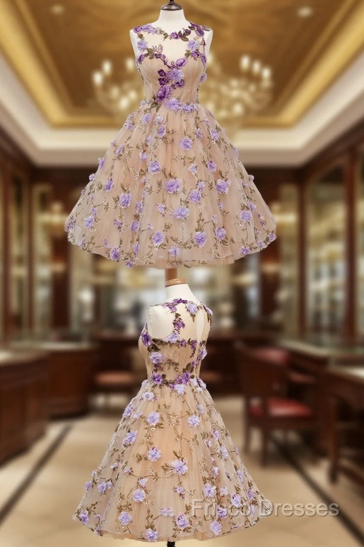 A-Line Jewel Tea-Length Open Back Champagne Tulle Homecoming Dress With Appliques Flowers Main image