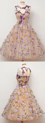 A-Line Jewel Tea-Length Open Back Champagne Tulle Homecoming Dress With Appliques Flowers