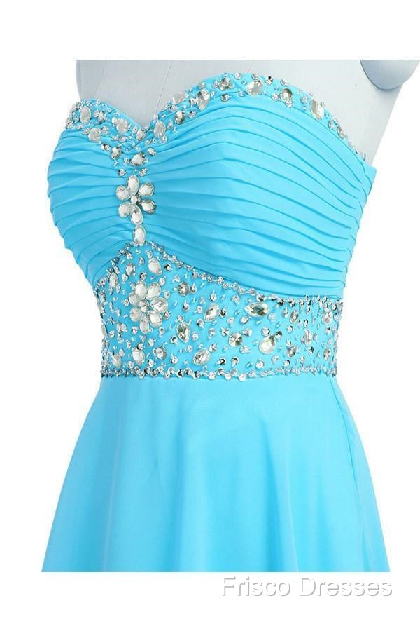 A-Line Knee Length Chiffon Blue Homecoming Dress With Crystals