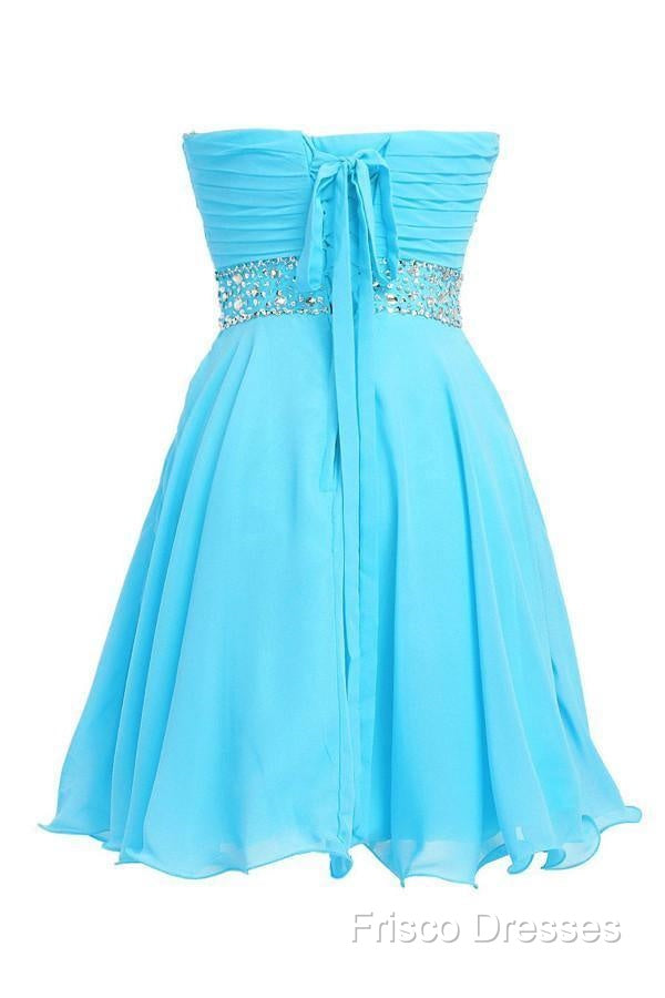 A-Line Knee Length Chiffon Blue Homecoming Dress With Crystals