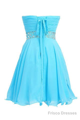 A-Line Knee Length Chiffon Blue Homecoming Dress With Crystals
