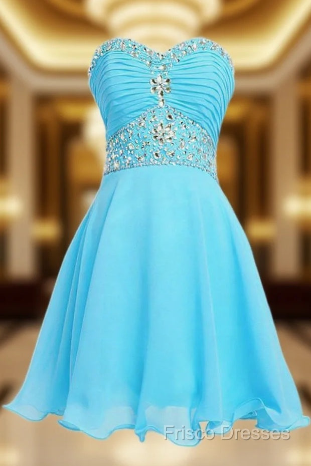 A-Line Knee Length Chiffon Blue Homecoming Dress With Crystals