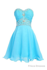 A-Line Knee Length Chiffon Blue Homecoming Dress With Crystals