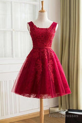 A-Line  Knee-Length Red Tulle Homecoming Dress With Appliques