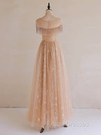 A-Line Lace Champagne Long Formal Prom Dress, Champagne Lace Long Formal Dress