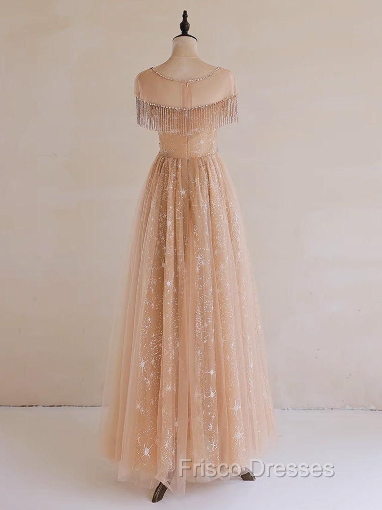 A-Line Lace Champagne Long Formal Prom Dress, Champagne Lace Long Formal Dress